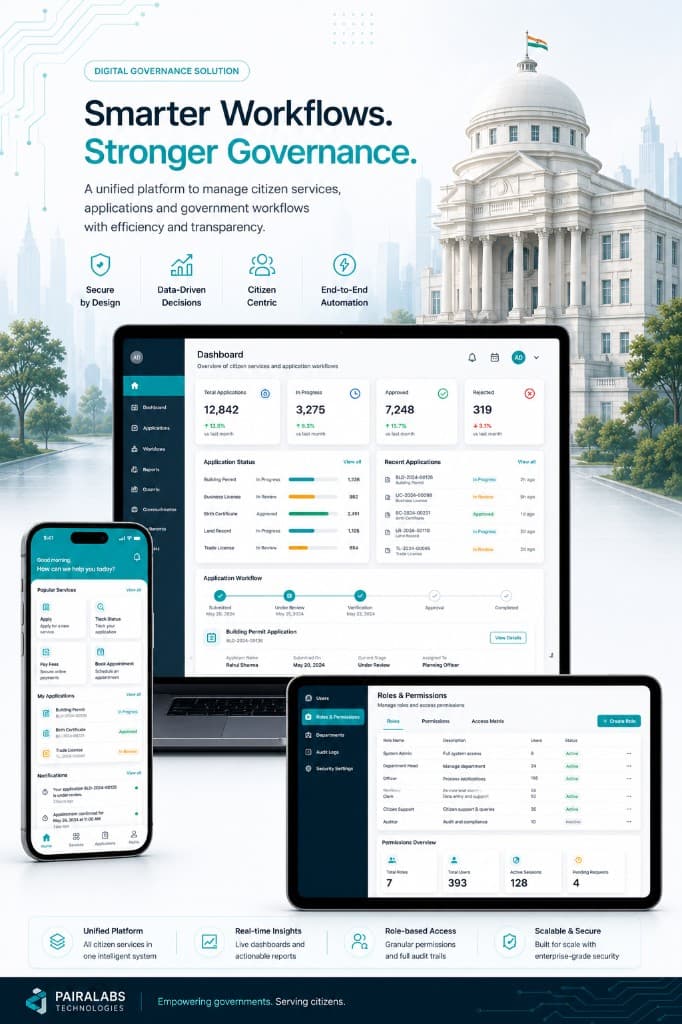 Digital governance solution showing citizen services dashboard, mobile app and roles permissions for government and public sector
