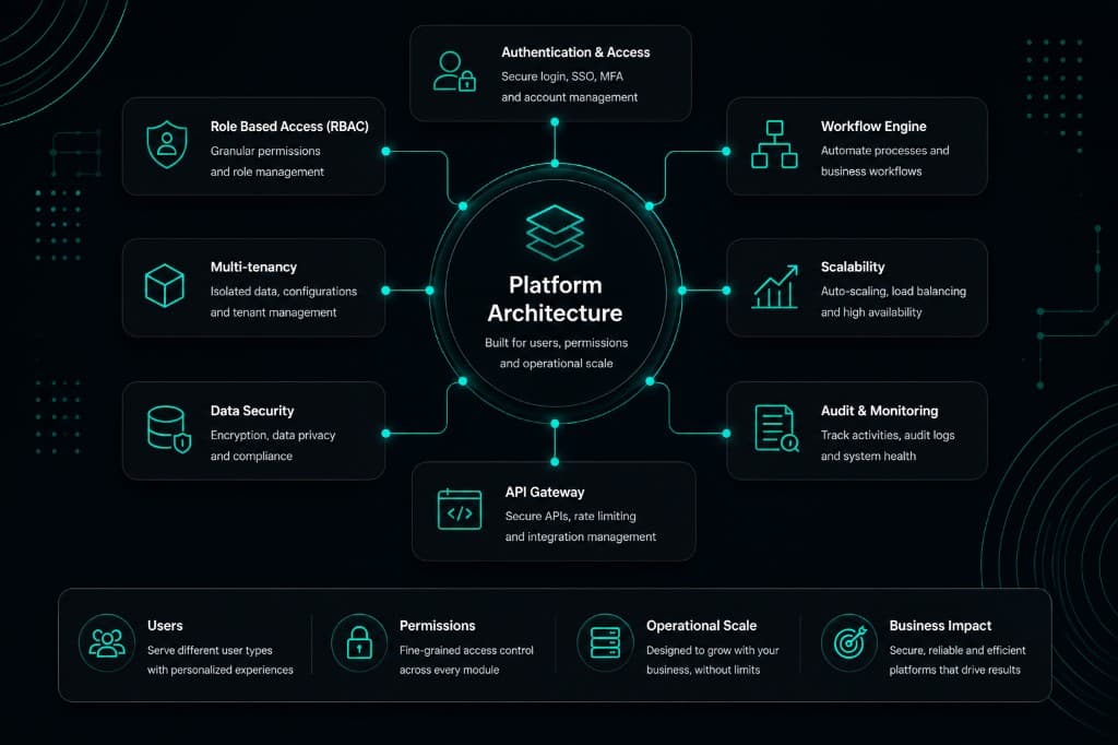 Platform architecture diagram showing authentication, RBAC, multi-tenancy, workflow engine, API gateway, scalability, data security and audit monitoring connected to a central platform hub